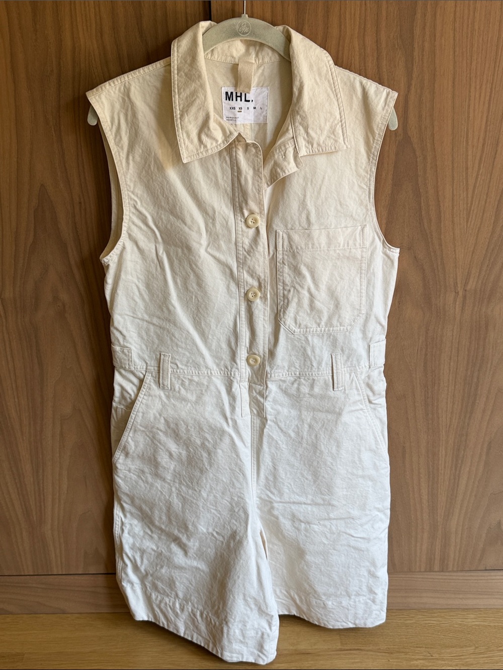 MHL Margaret Howell. Cream Sleeveless Button Front Romper